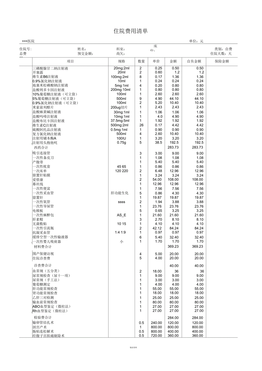 住院费用清单模板_第1页