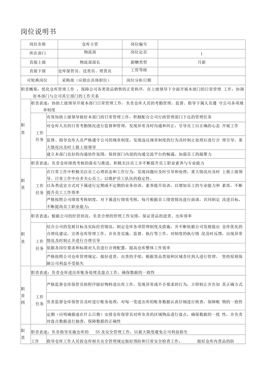 仓库主管岗位说明书_第1页