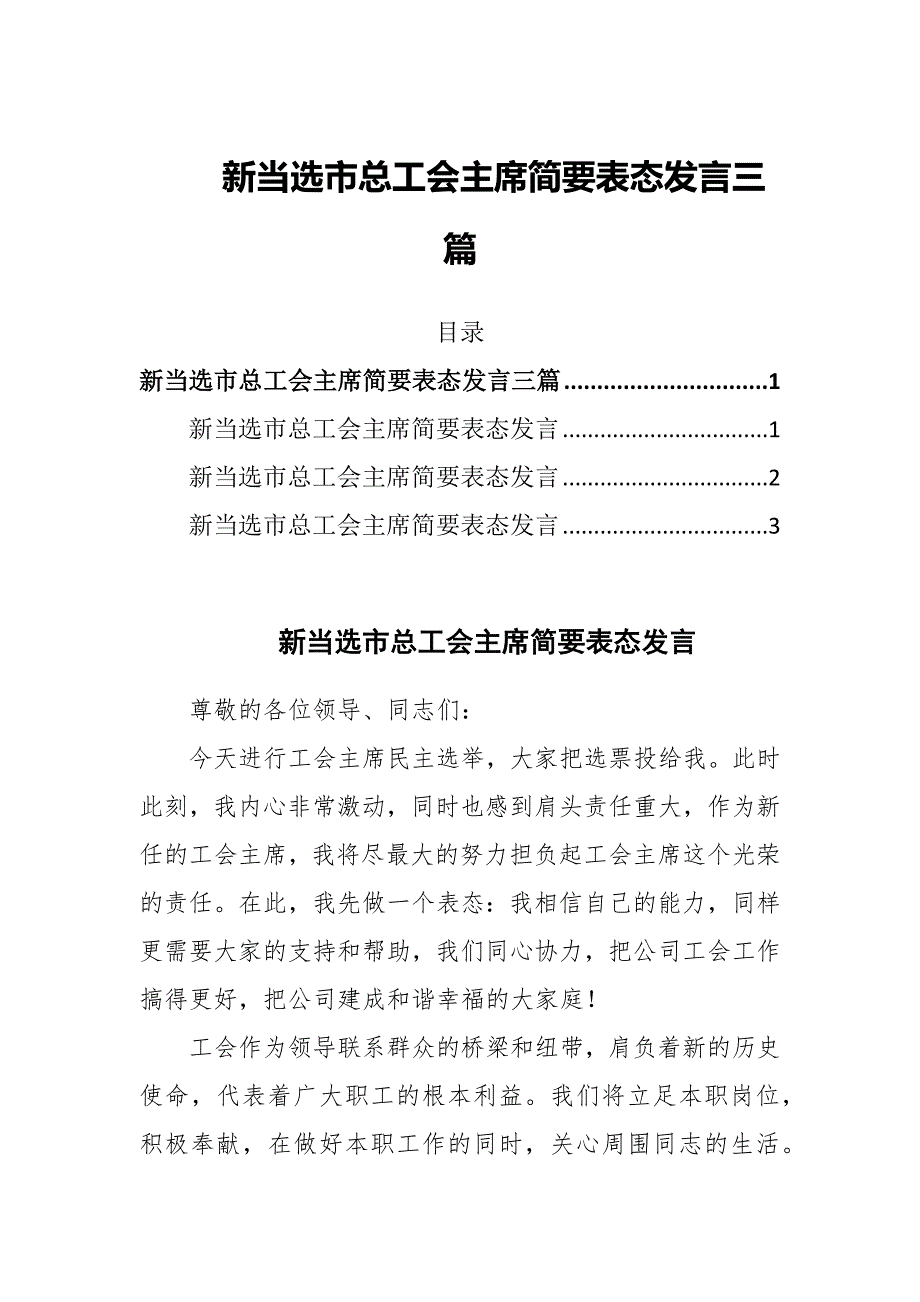 新当选市总工会主席简要表态发言三篇_第1页