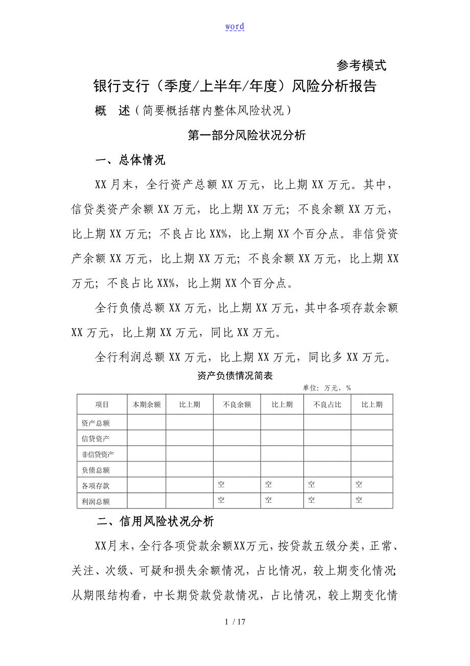 银行季度风险分析报告报告材料实用模板_第1页