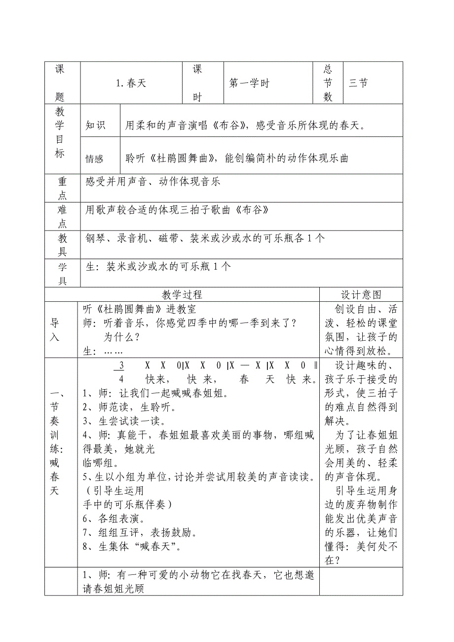 人音版一年级下音乐教案表格版_第1页