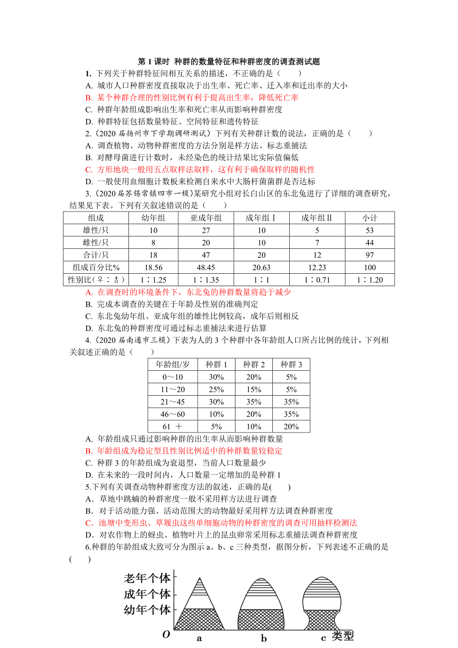 高三一轮复习生物：种群的数量特征和种群密度的调查 测试题.docx_第1页