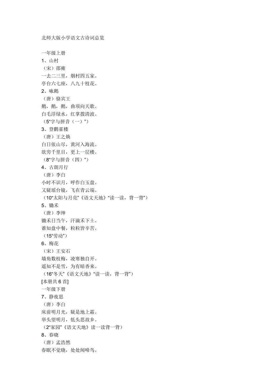 北师大版小学语文古诗词总览_第1页