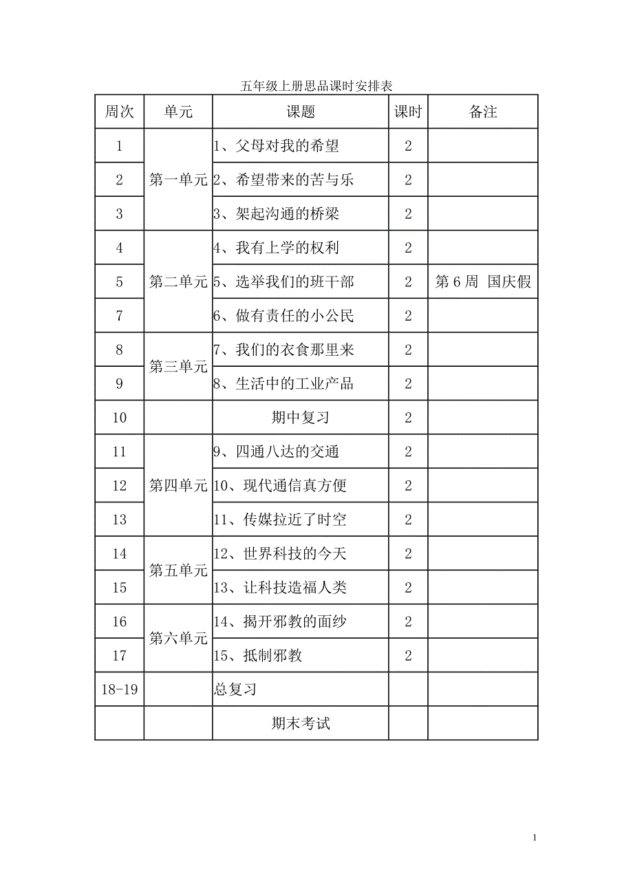 五年级上册思品课时安排表.doc_第1页