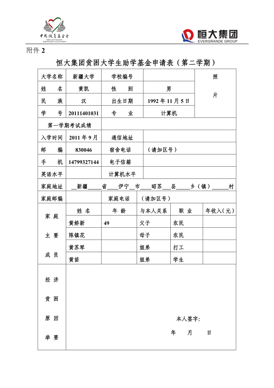 贫困大学生助学基金申请表.doc_第1页