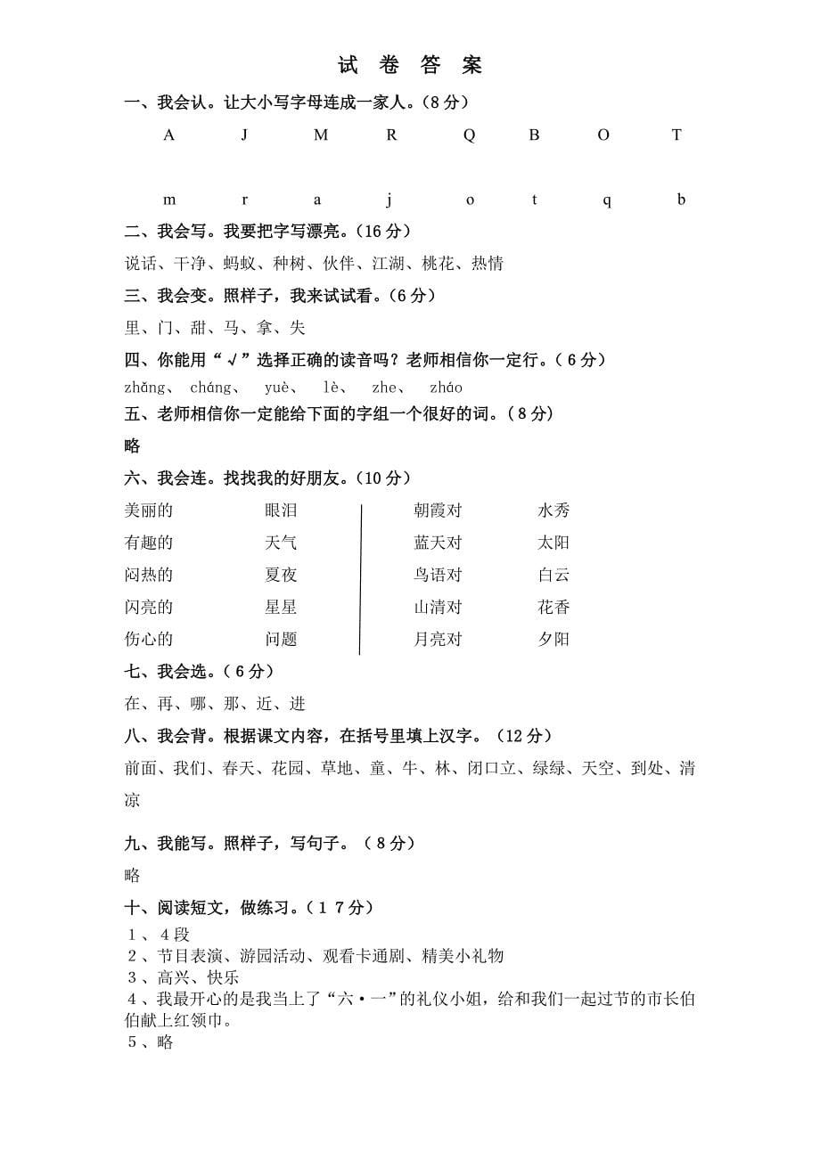 小学一年级下册语文期末试卷及意图_第5页