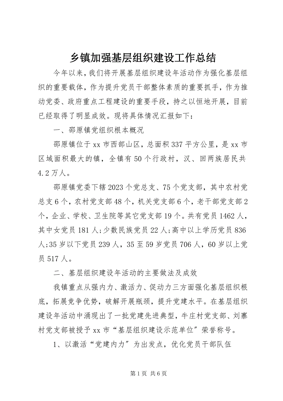 2023年乡镇加强基层组织建设工作总结.docx_第1页