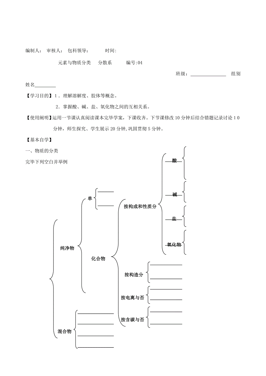 高三一轮化学学案：4元素与物质分类--分散系(含答案)_第1页