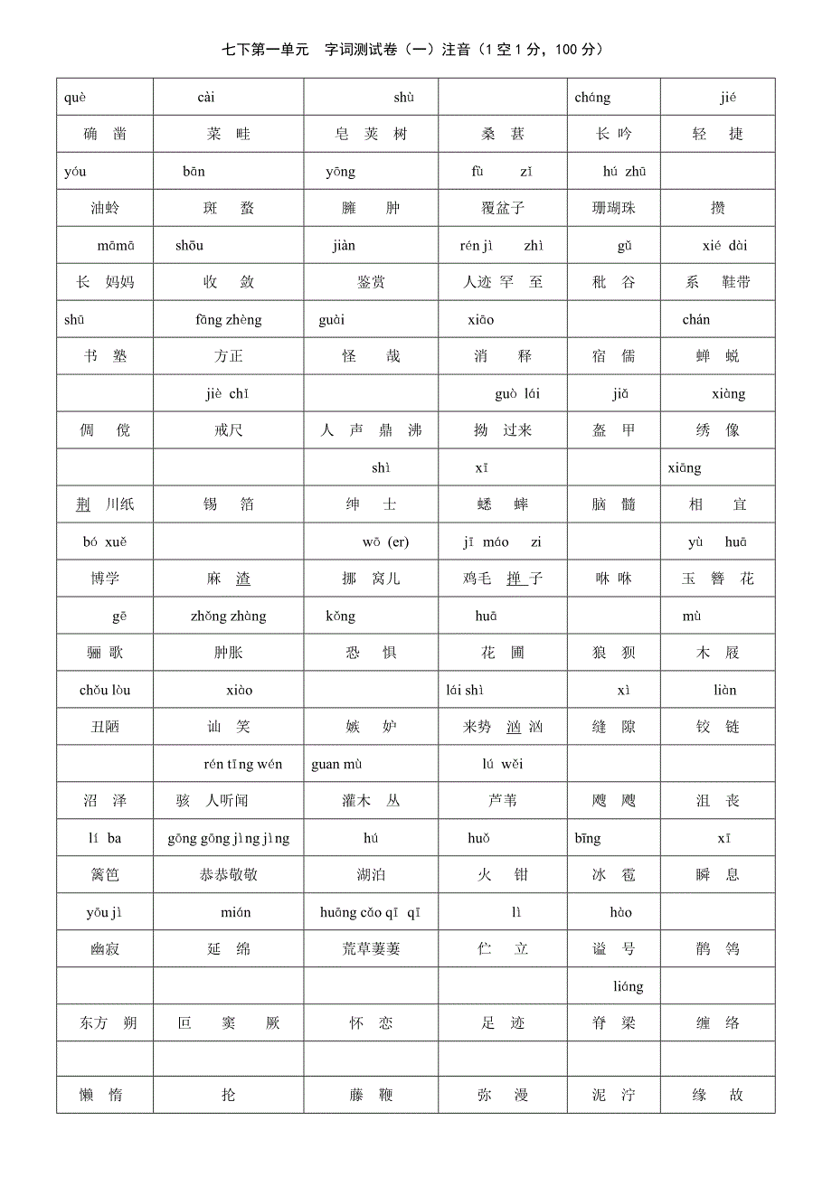 人教版语文七年级下第一.二单元字词拼音复习及测试卷_第2页