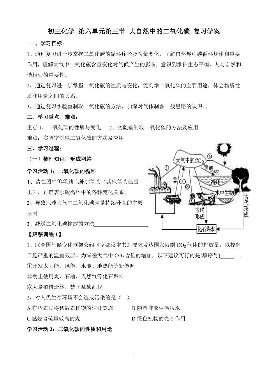 初三化学 第六单元大自然中的二氧化碳复习学案.doc_第1页