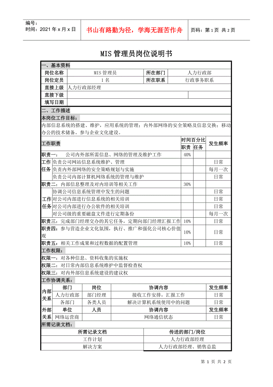 MIS管理员岗位说明书_第1页