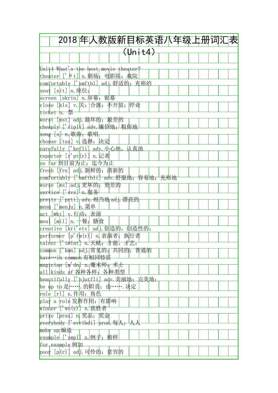 人教版新目标英语八年级上册词汇表Unit4_第1页