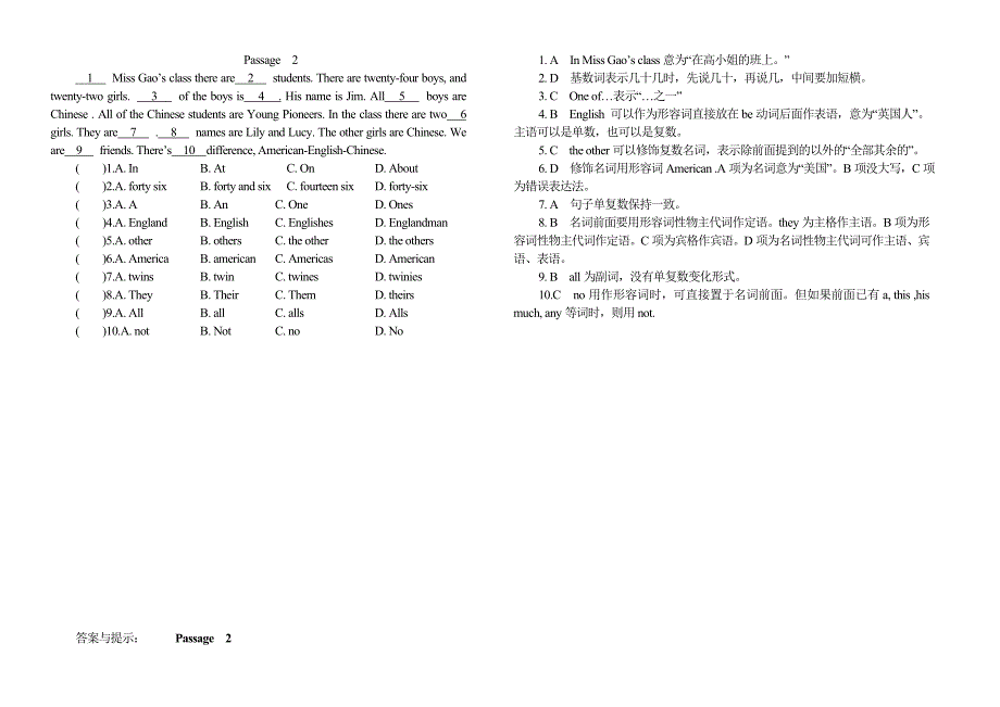 六年级英语完形填空15篇含答案和讲解OK_第2页