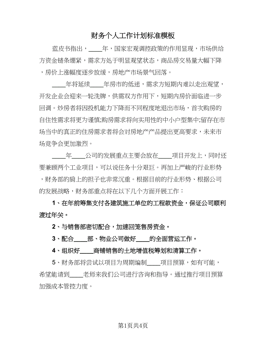 财务个人工作计划标准模板（二篇）.doc_第1页