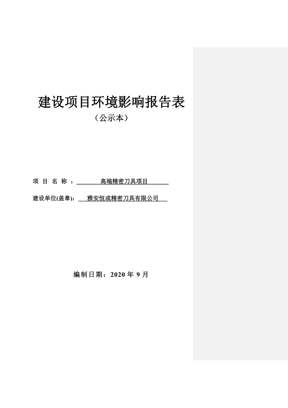 雅安恒成精密刀具有限公司高端精密刀具项目环评报告.docx_第1页