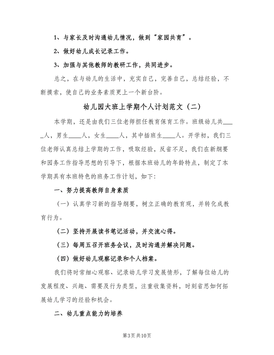 幼儿园大班上学期个人计划范文（四篇）_第3页