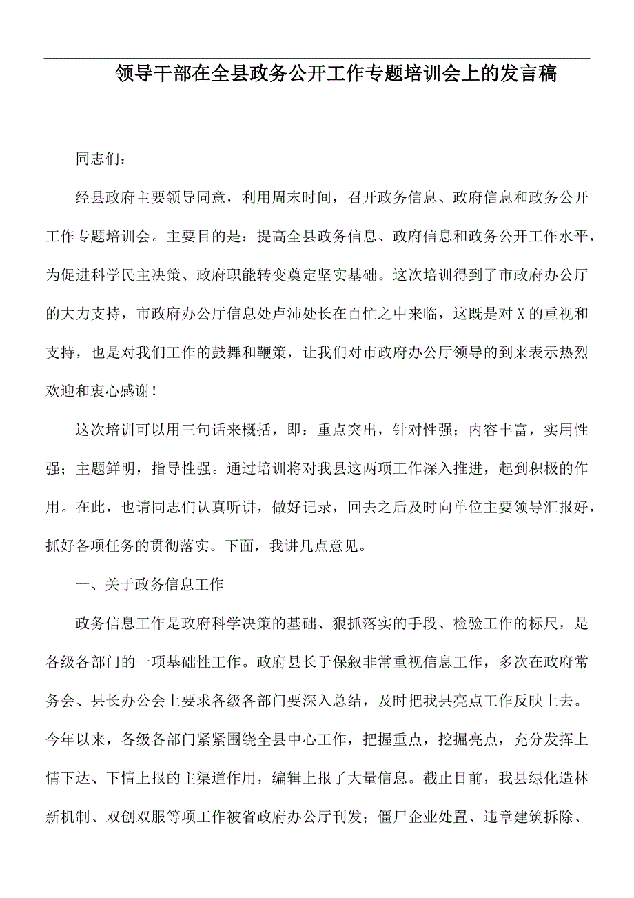 领导干部在全县政务公开工作专题培训会上的发言稿_第1页