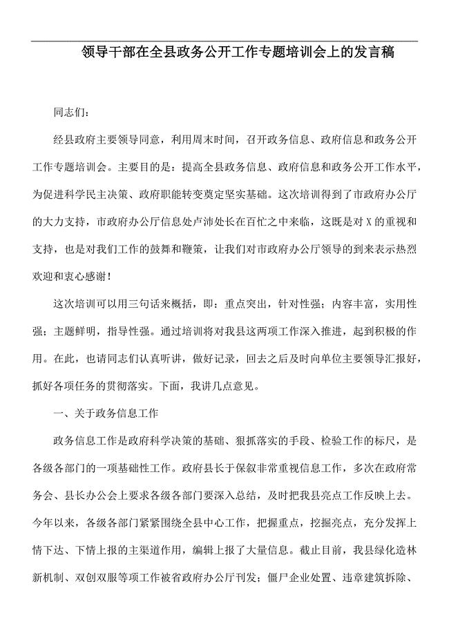 领导干部在全县政务公开工作专题培训会上的发言稿