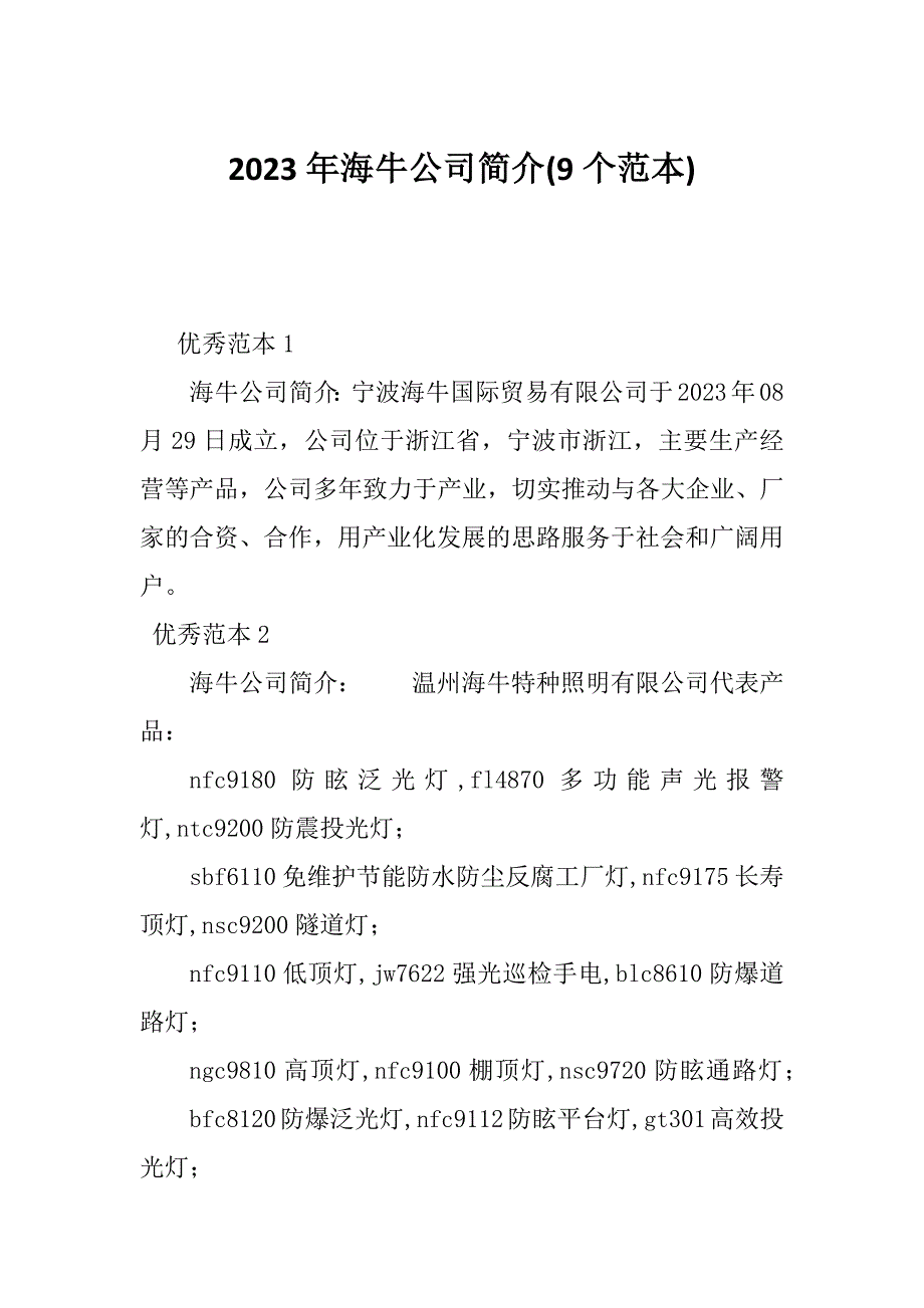 2023年海牛公司简介(9个范本)_第1页