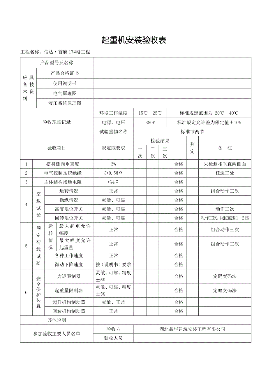 翔宇公司起重机安装验收表.doc_第1页