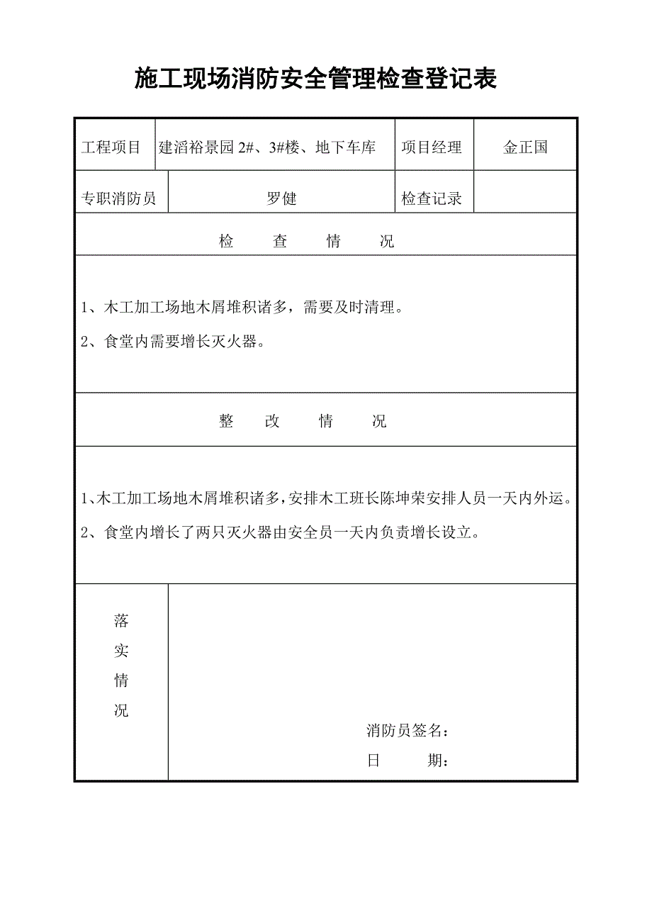 综合施工现场消防安全管理检查记录表_第1页