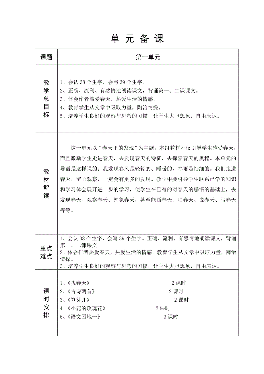 人教版二年级语文1-2单元教案(表格式)_第1页