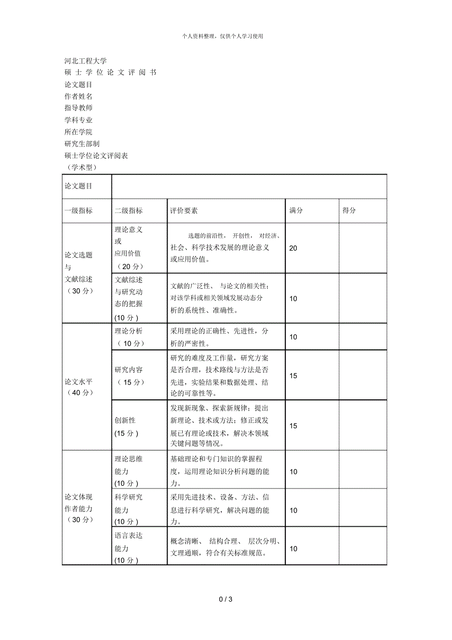 河北工程大学硕士学位论文评阅书_第1页