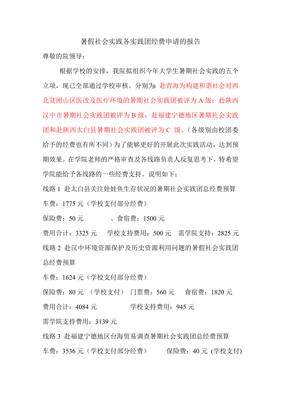 暑假社会实践各实践团经费申请的报告_第1页