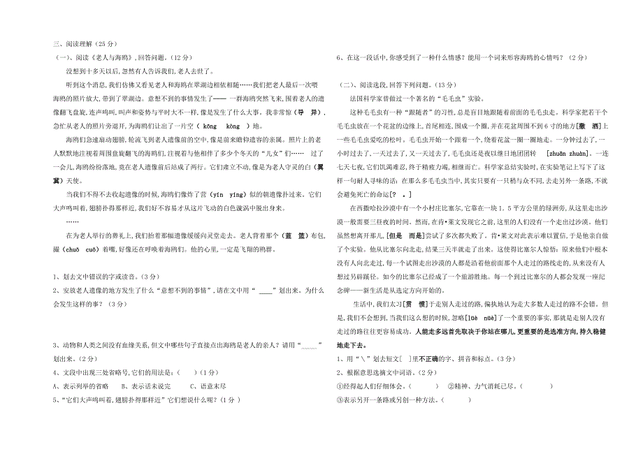 海南区2019-2020年第一学期六年级语文期末测试卷.doc_第2页