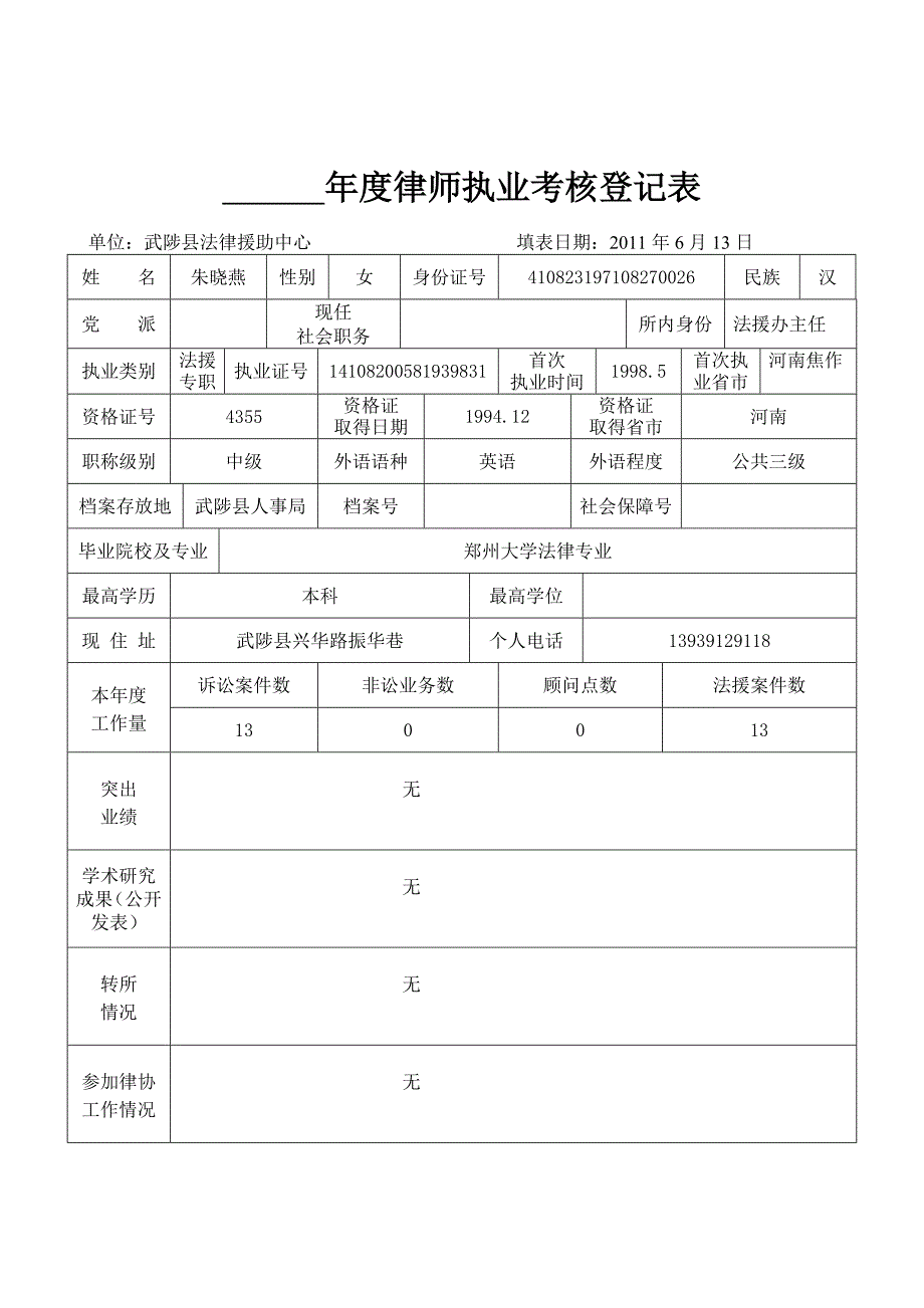 朱晓燕年度律师执业考核登记表_第1页