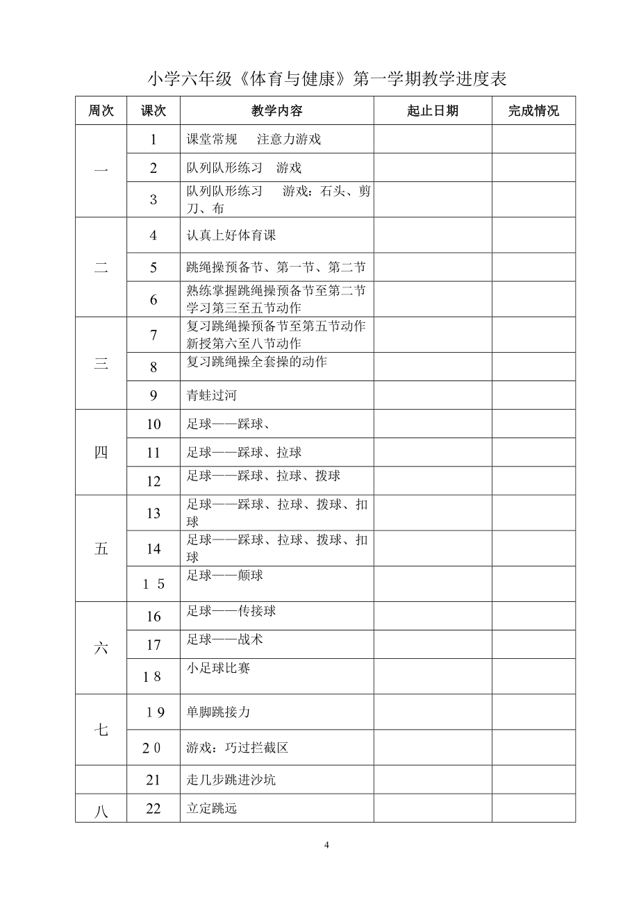 人教版小学六年级上册体育教案全套_第4页