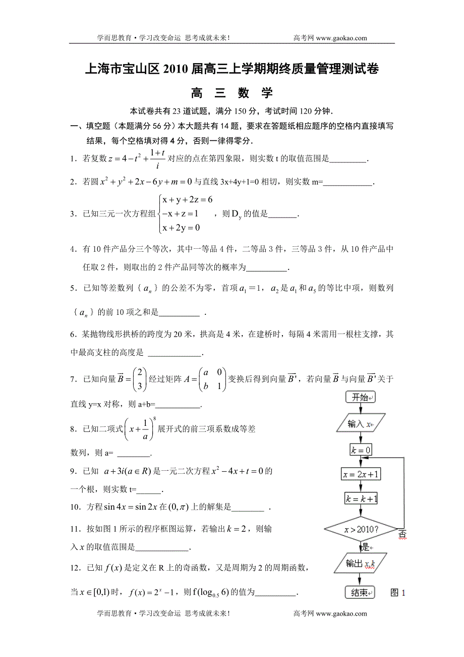 上海市宝山区2010届高三上学期期终质量管理测试数学卷(附解答).doc_第1页