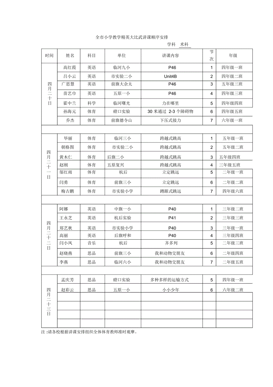 全小学教学精英大比武讲课顺序安排_第1页