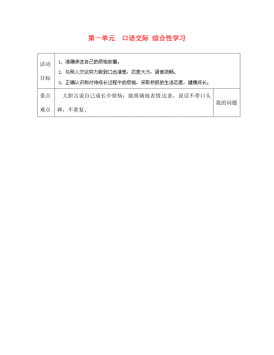 陕西省西安交大阳光中学七年级语文下册第一单元口语交际综合性学习导学案无答案新版新人教版_第1页