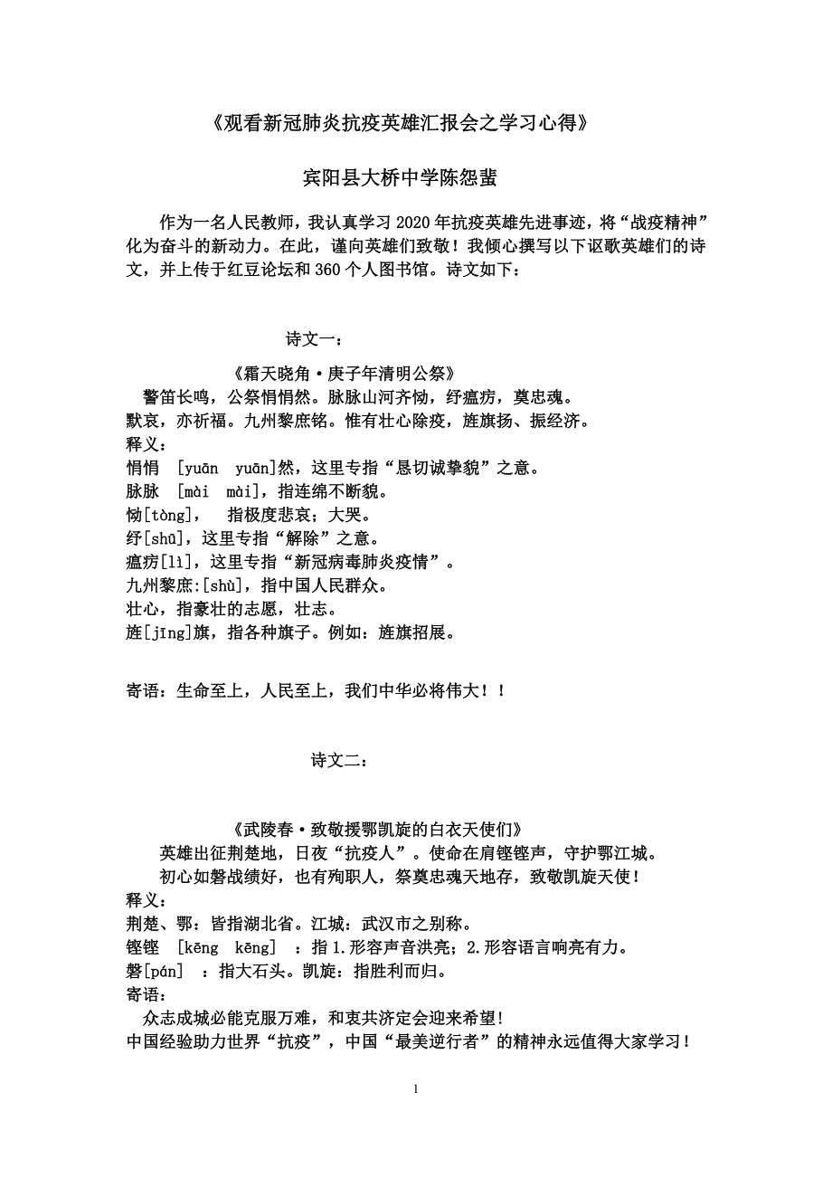 观看新冠肺炎抗疫英雄汇报会之学习心得_第1页