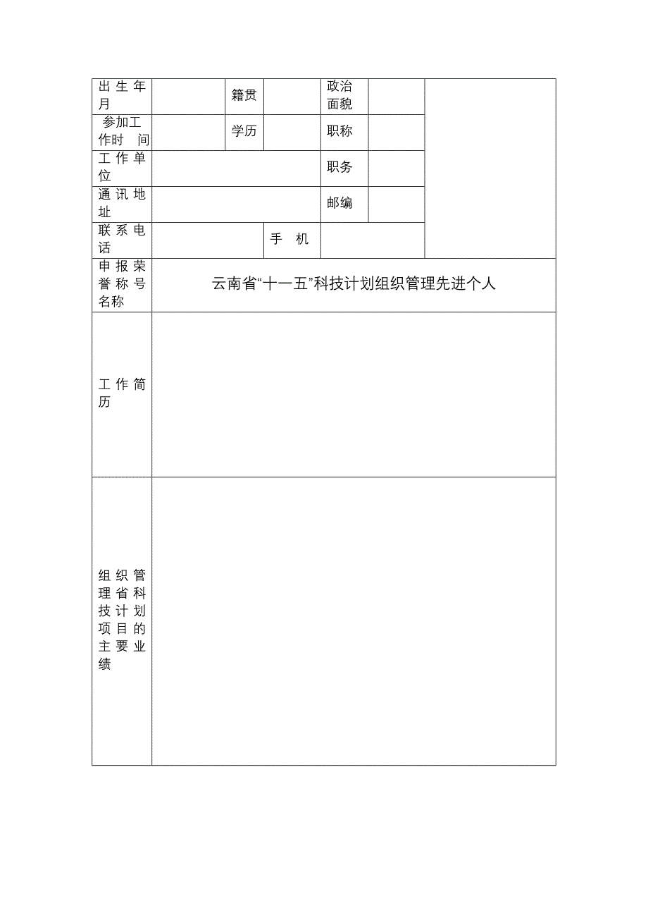 .云南“十一五”科技计划组织管理先进个人申报表_第3页