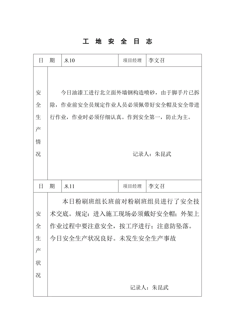 工地安全日志范例_第1页