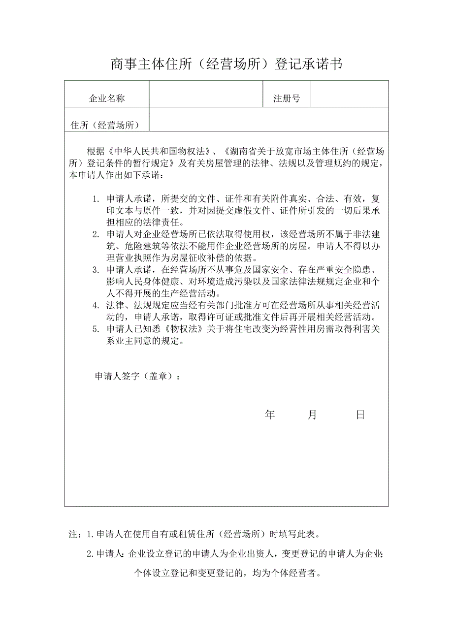 商事主体住所(经营场所)登记承诺书_第1页