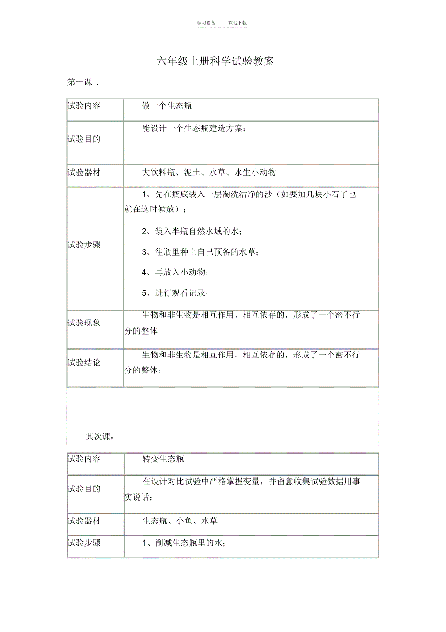 六年级上册科学实验教案_第1页