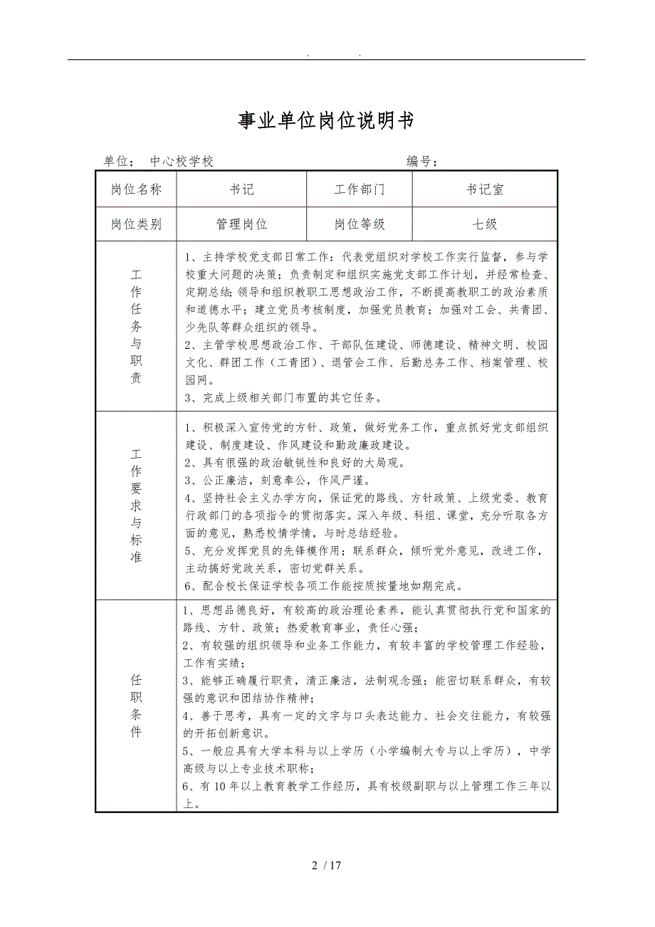 学校事业单位岗位说明书_第2页