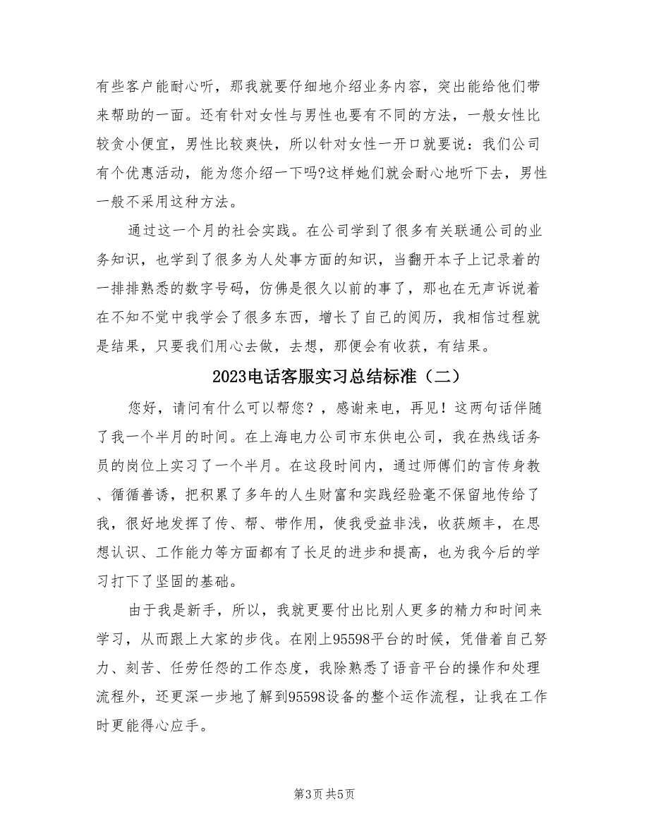 2023电话客服实习总结标准（2篇）.doc_第3页