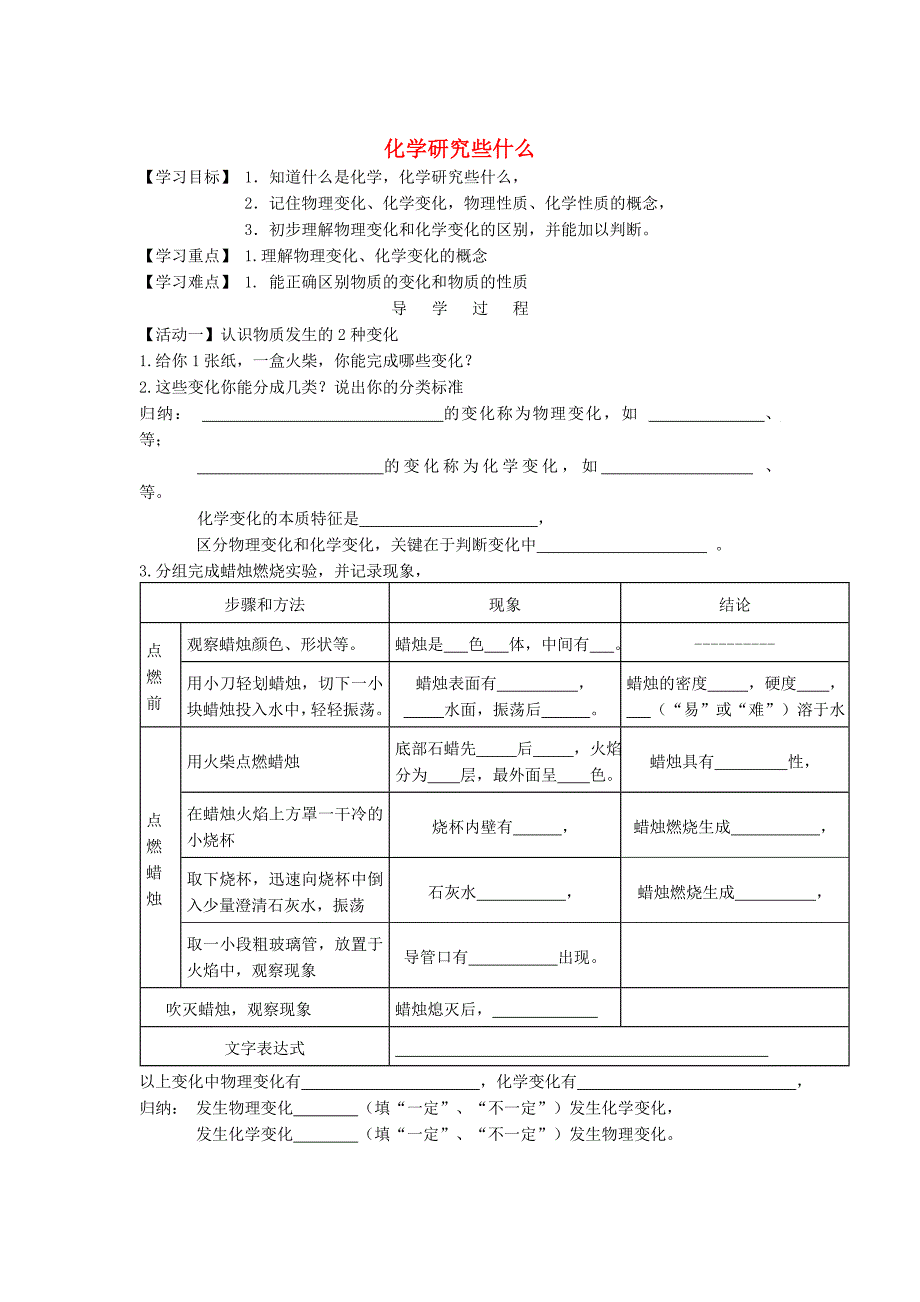 最新 江苏省铜山区清华中学九年级化学全册 1.2 化学研究些什么学案1沪教版_第1页