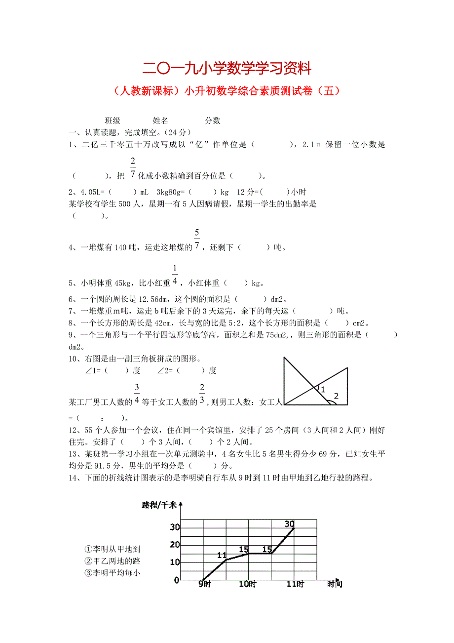 【名校资料】人教版六年级数学小升初综合素质测试卷五_第1页