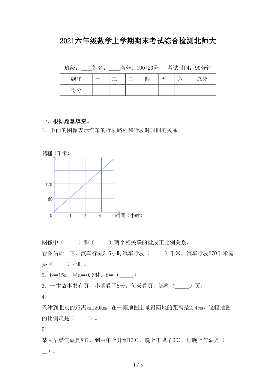 2021六年级数学上学期期末考试综合检测北师大_第1页