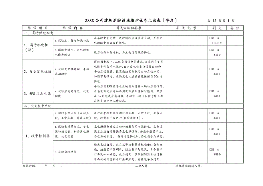 建筑消防设施维护保养记录簿表_第1页