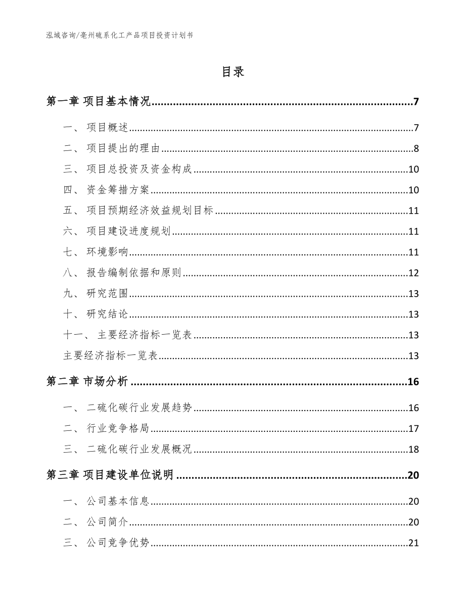 亳州硫系化工产品项目投资计划书_模板范文_第1页