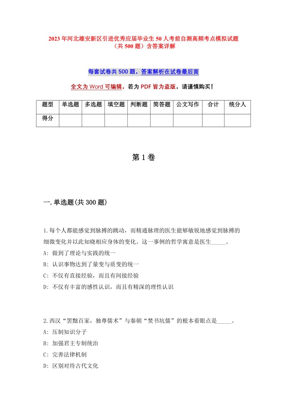 2023年河北雄安新区引进优秀应届毕业生50人考前自测高频考点模拟试题（共500题）含答案详解_第1页