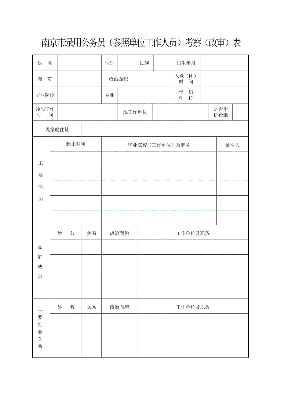 南京市录用公务员（参照单位工作人员）考察（政审）表_第1页