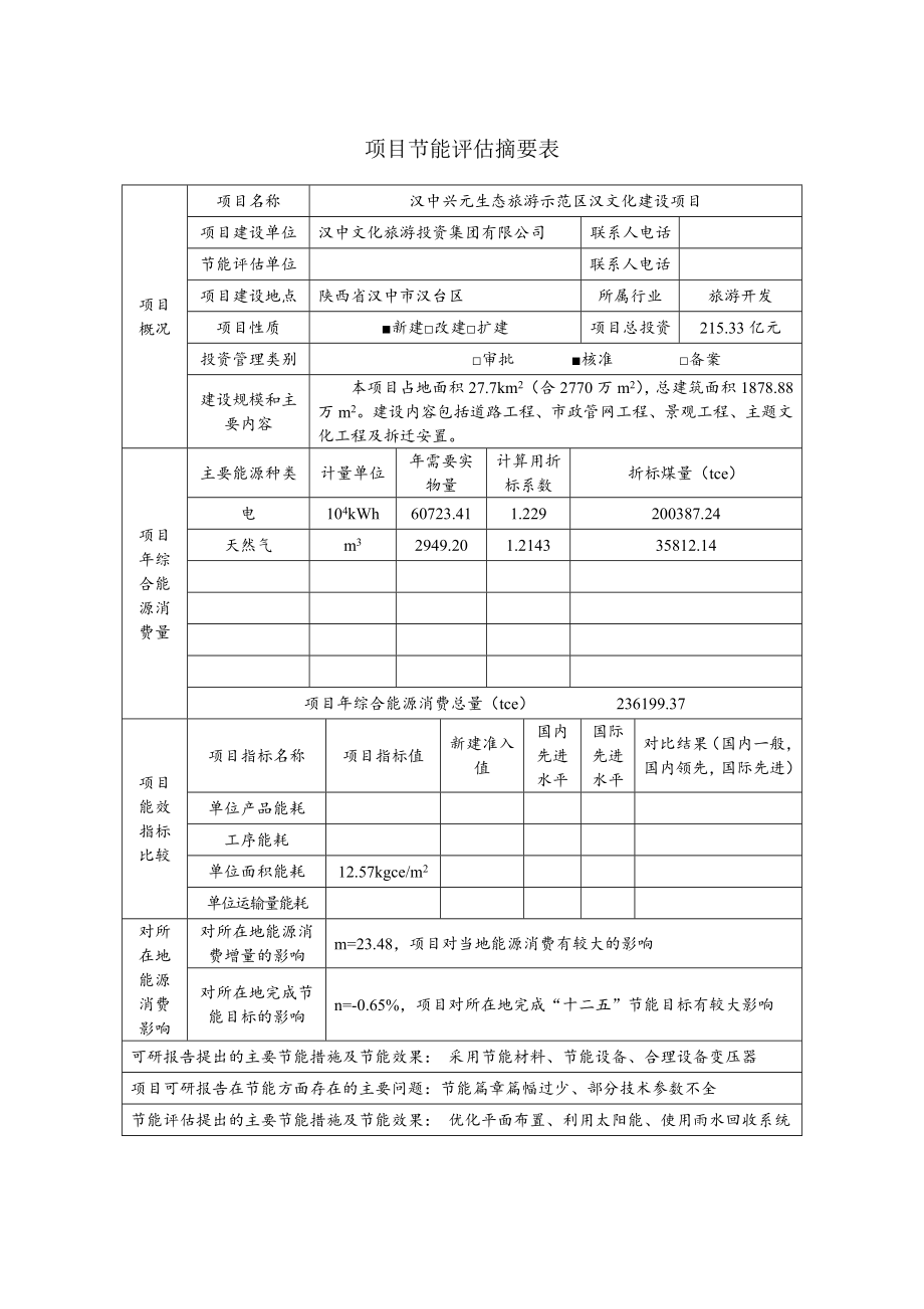 汉中兴元生态旅游示范区汉文化建设项目节能评估报告.doc_第1页