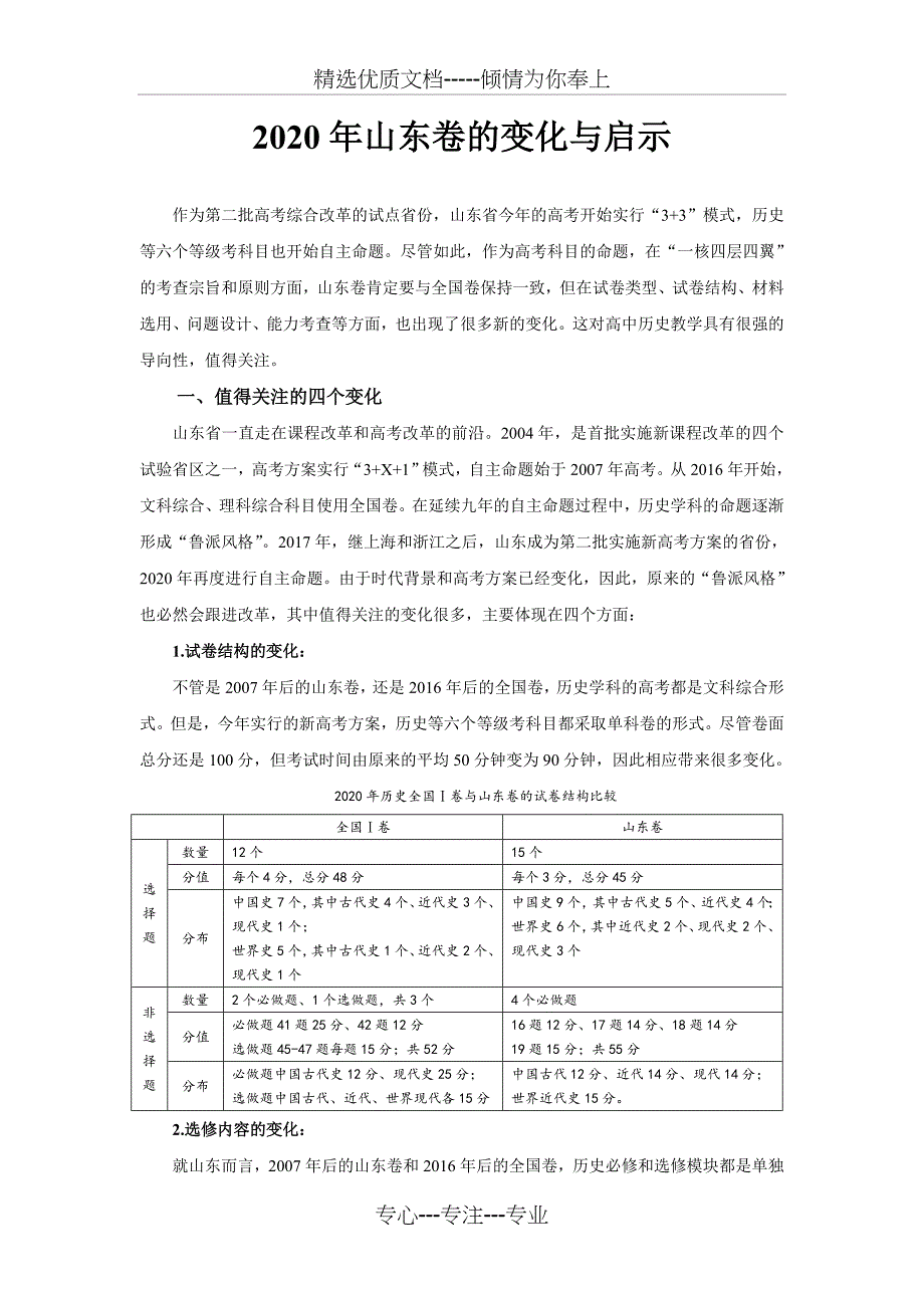 2020年山东高考历史卷的变化与启示(共5页)_第1页